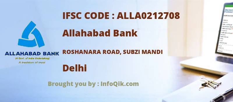 Allahabad Bank Roshanara Road, Subzi Mandi, Delhi - IFSC Code